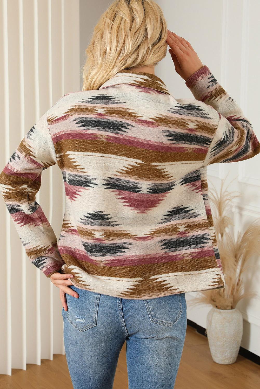 Geometric Collared Drop Shoulder Jacket - Clothes For Her Online Store