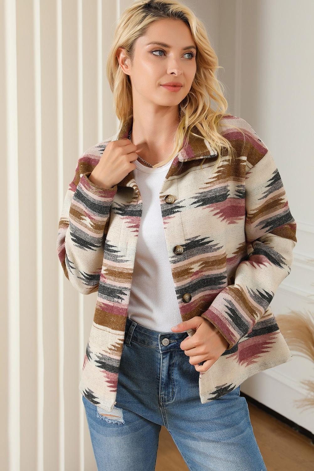 Geometric Collared Drop Shoulder Jacket - Clothes For Her Online Store
