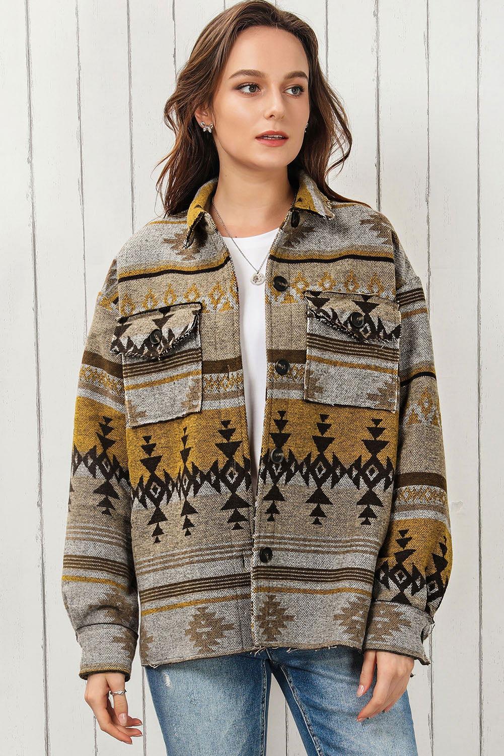 Geometric Collared Drop Shoulder Jacket - Clothes For Her Online Store