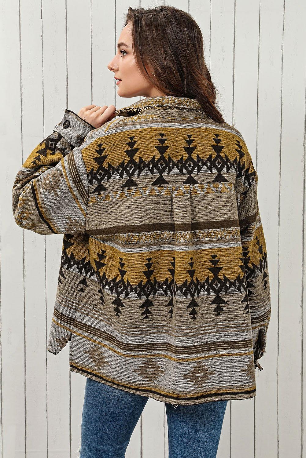 Geometric Collared Drop Shoulder Jacket - Clothes For Her Online Store