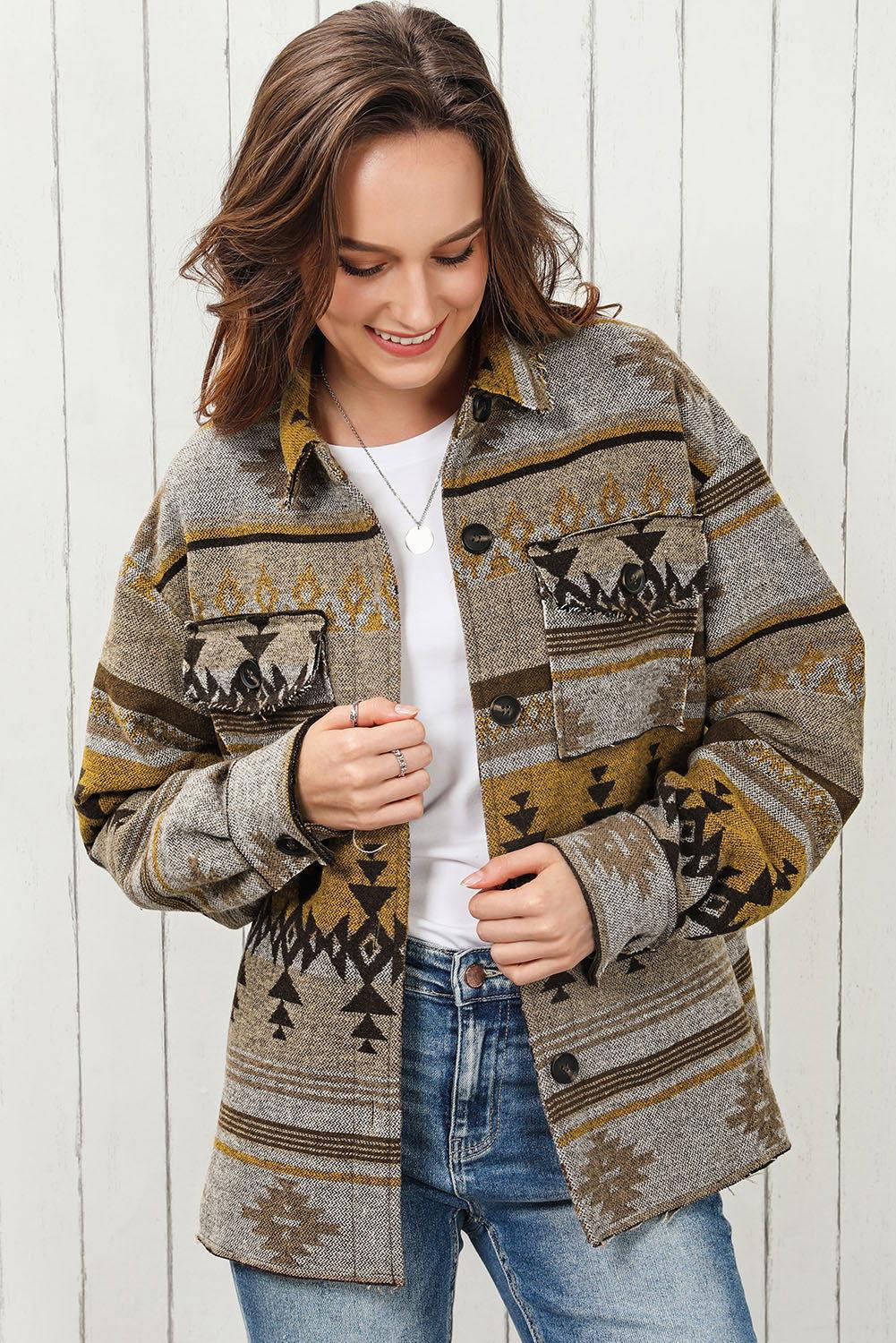 Geometric Collared Drop Shoulder Jacket - Clothes For Her Online Store