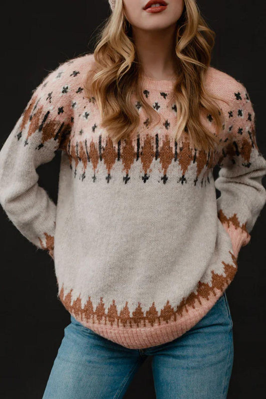Geometric Contrast Round Neck Long Sleeve Sweater - Clothes For Her Online Store