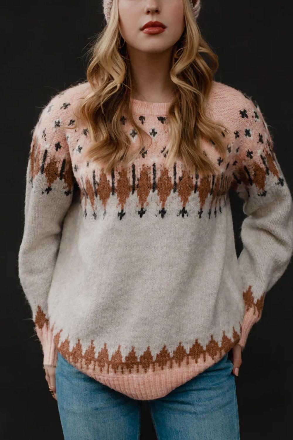 Geometric Contrast Round Neck Long Sleeve Sweater - Clothes For Her Online Store