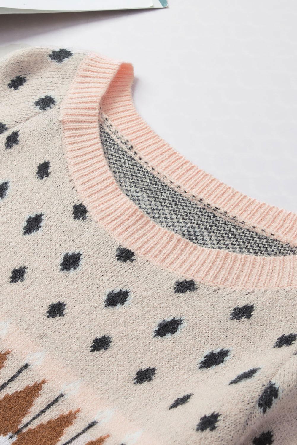 Geometric Contrast Round Neck Long Sleeve Sweater - Clothes For Her Online Store