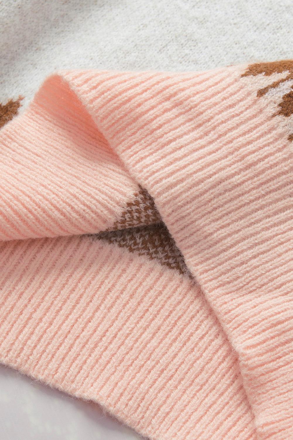 Geometric Contrast Round Neck Long Sleeve Sweater - Clothes For Her Online Store