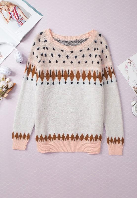 Geometric Contrast Round Neck Long Sleeve Sweater - Clothes For Her Online Store