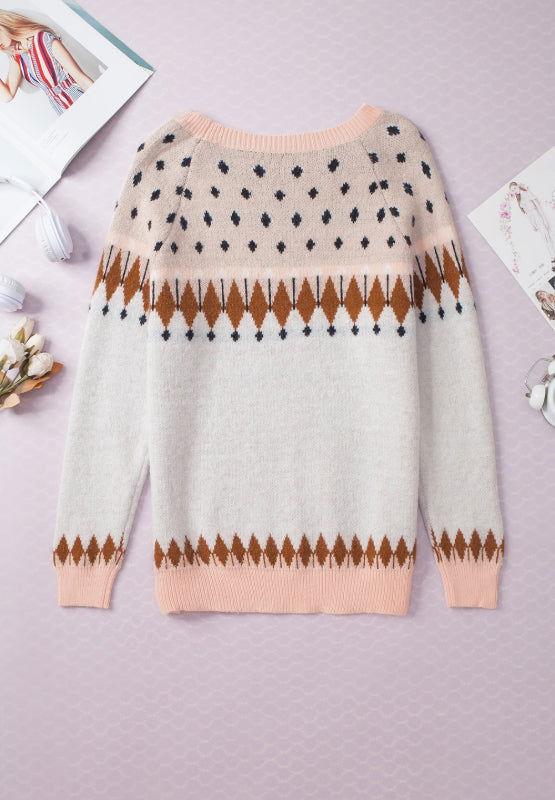 Geometric Contrast Round Neck Long Sleeve Sweater - Clothes For Her Online Store