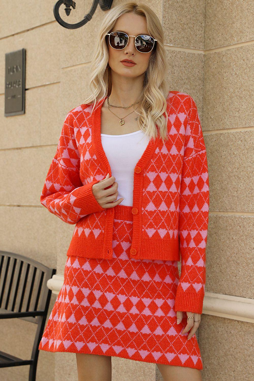 Geometric Dropped Shoulder Cardigan and Knit Skirt Set - Clothes For Her Online Store