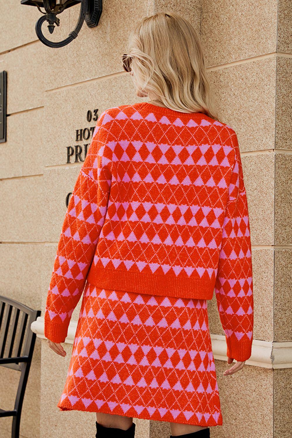 Geometric Dropped Shoulder Cardigan and Knit Skirt Set - Clothes For Her Online Store