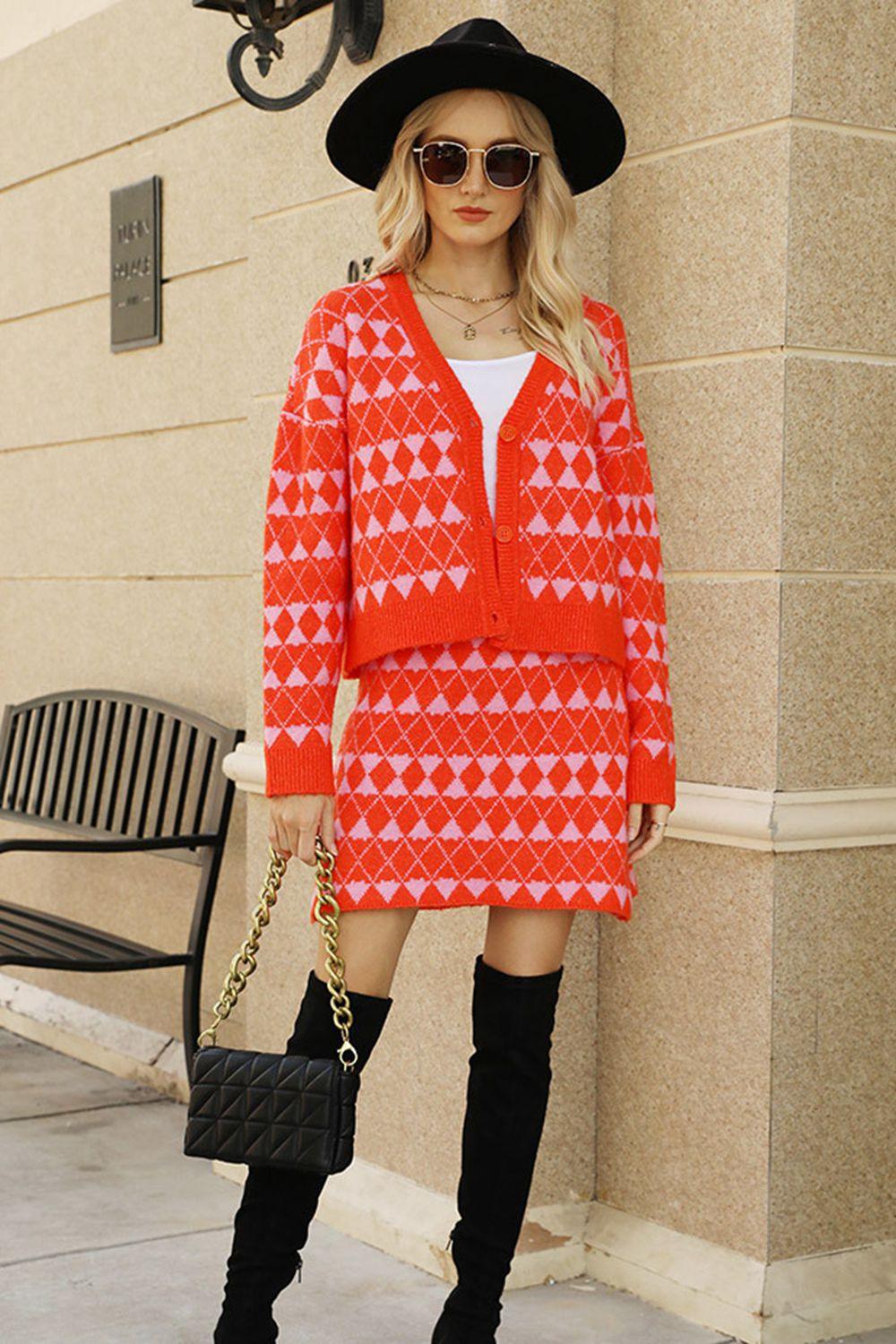 Geometric Dropped Shoulder Cardigan and Knit Skirt Set - Clothes For Her Online Store