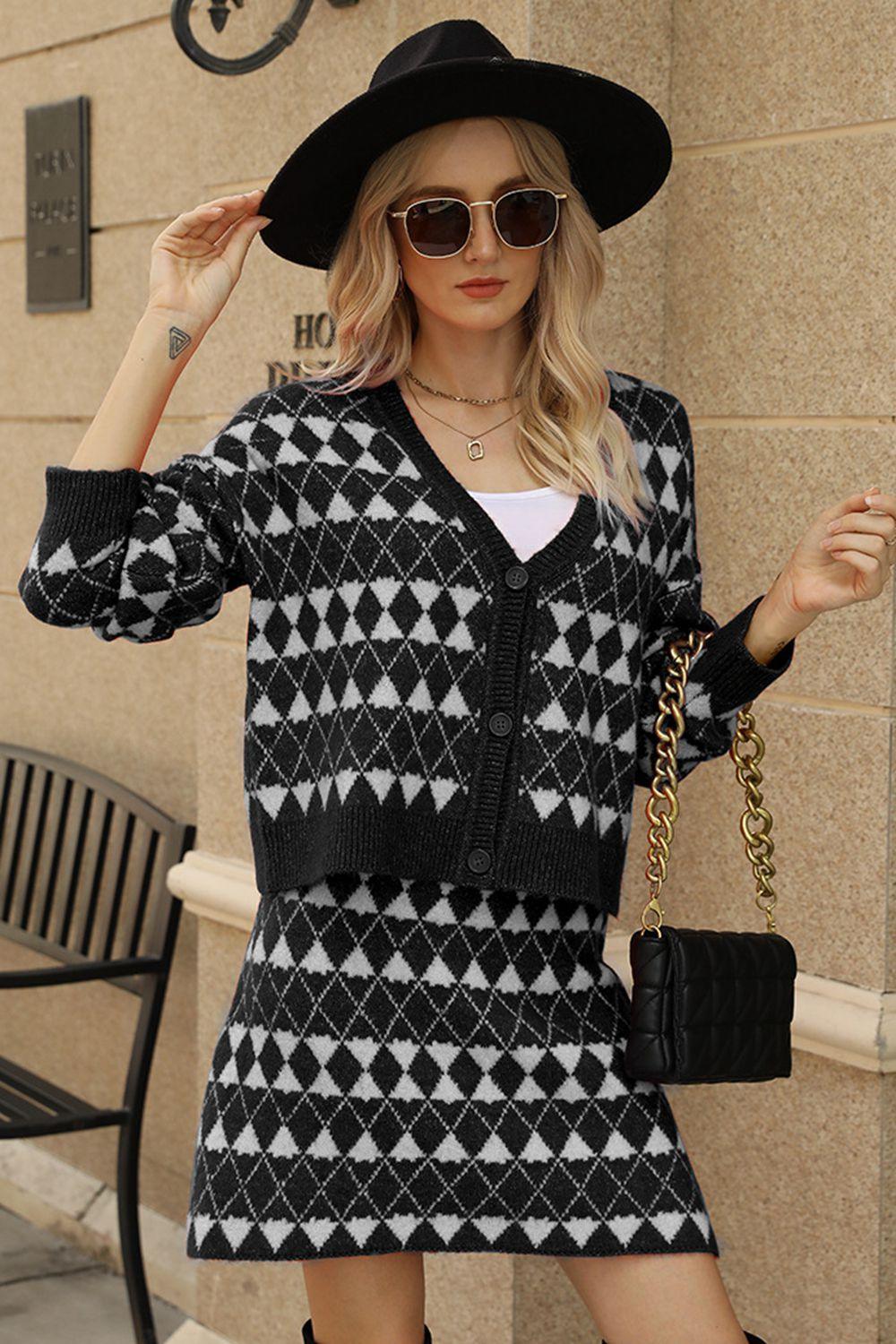 Geometric Dropped Shoulder Cardigan and Knit Skirt Set - Clothes For Her Online Store