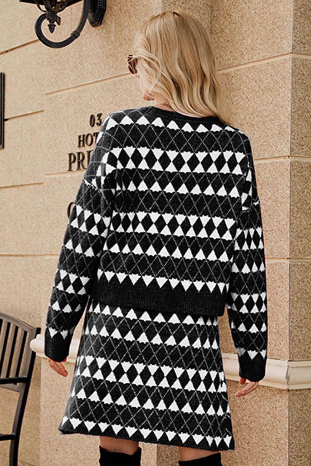 Geometric Dropped Shoulder Cardigan and Knit Skirt Set - Clothes For Her Online Store