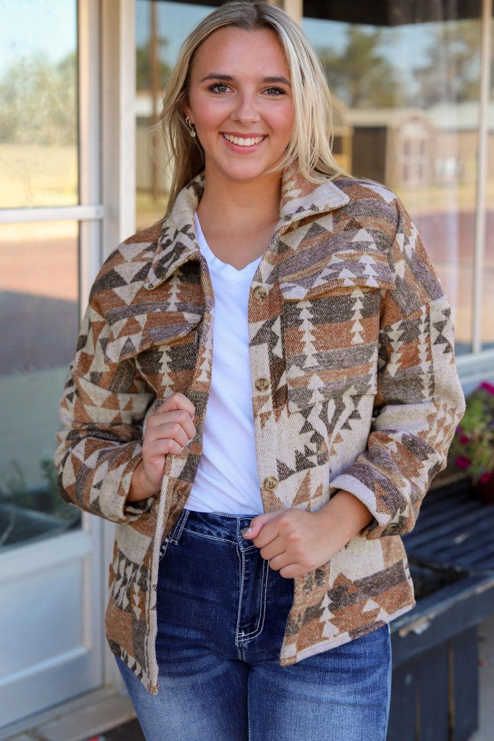 Geometric Dropped Shoulder Collared Jacket - Clothes For Her Online Store