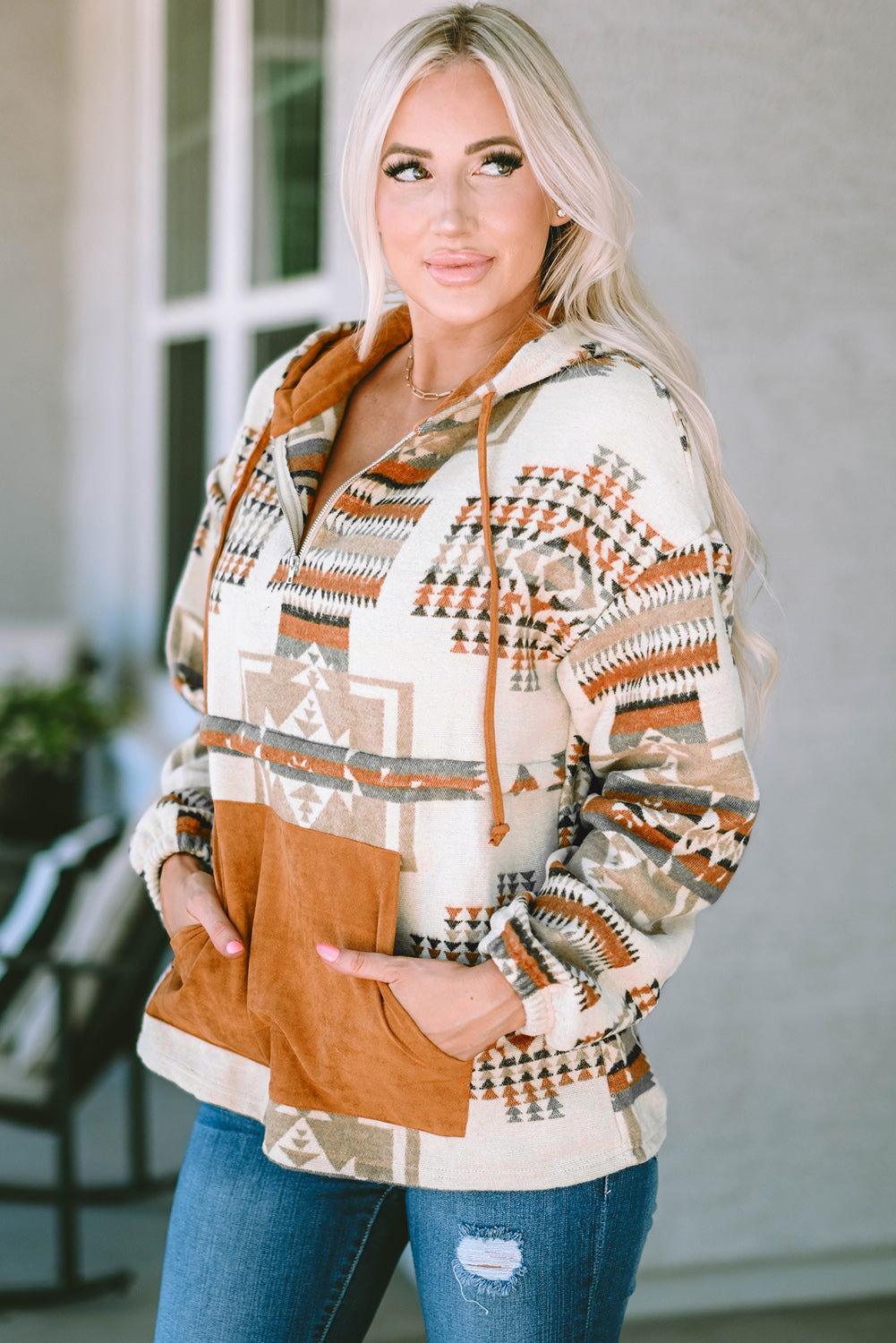 Geometric Quarter-Zip Hoodie - Clothes For Her Online Store