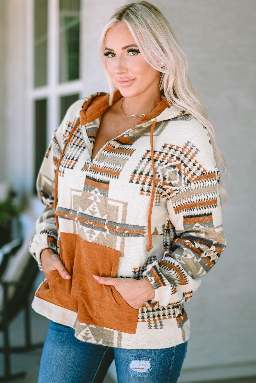 Geometric Quarter-Zip Hoodie - Clothes For Her Online Store