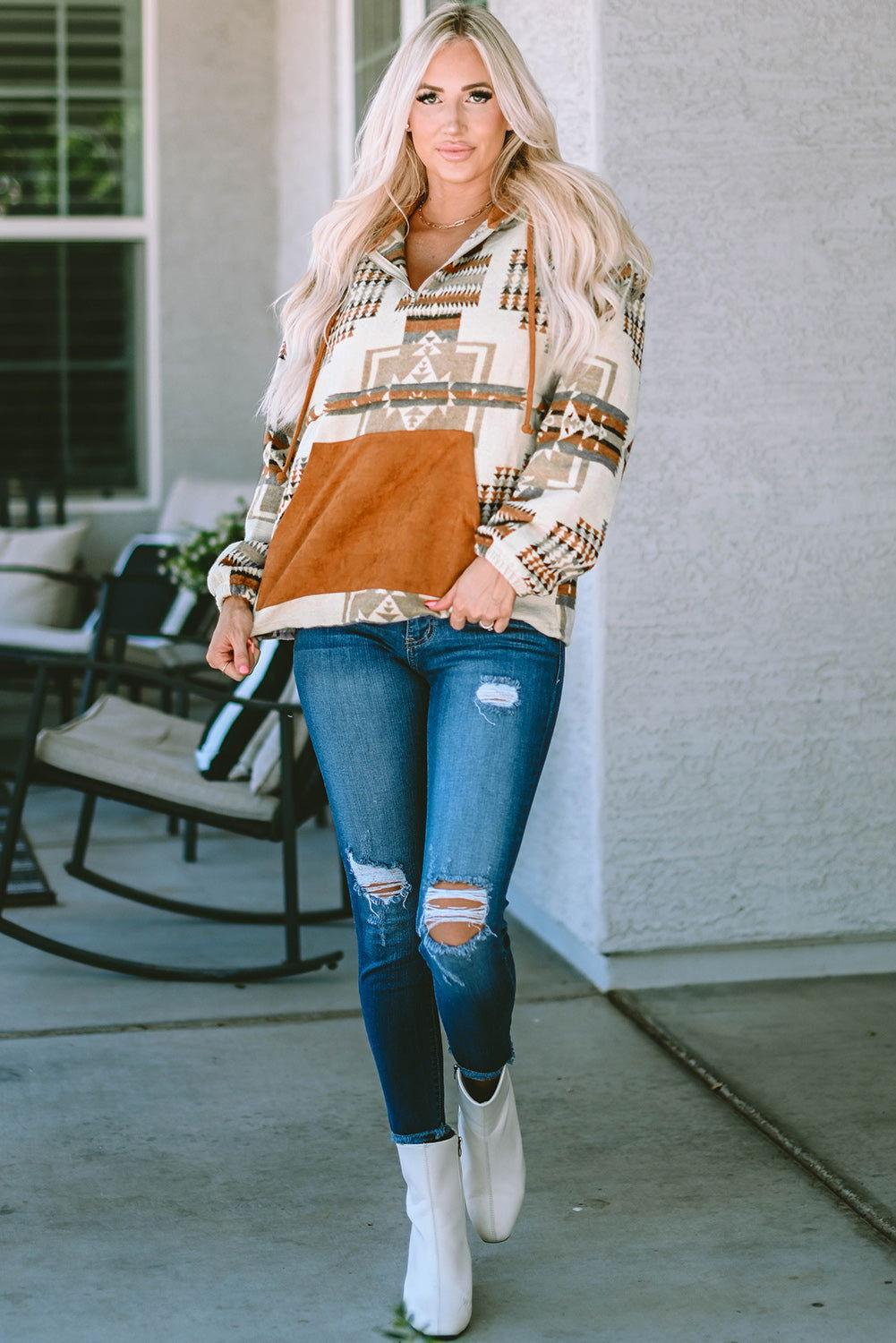 Geometric Quarter-Zip Hoodie - Clothes For Her Online Store