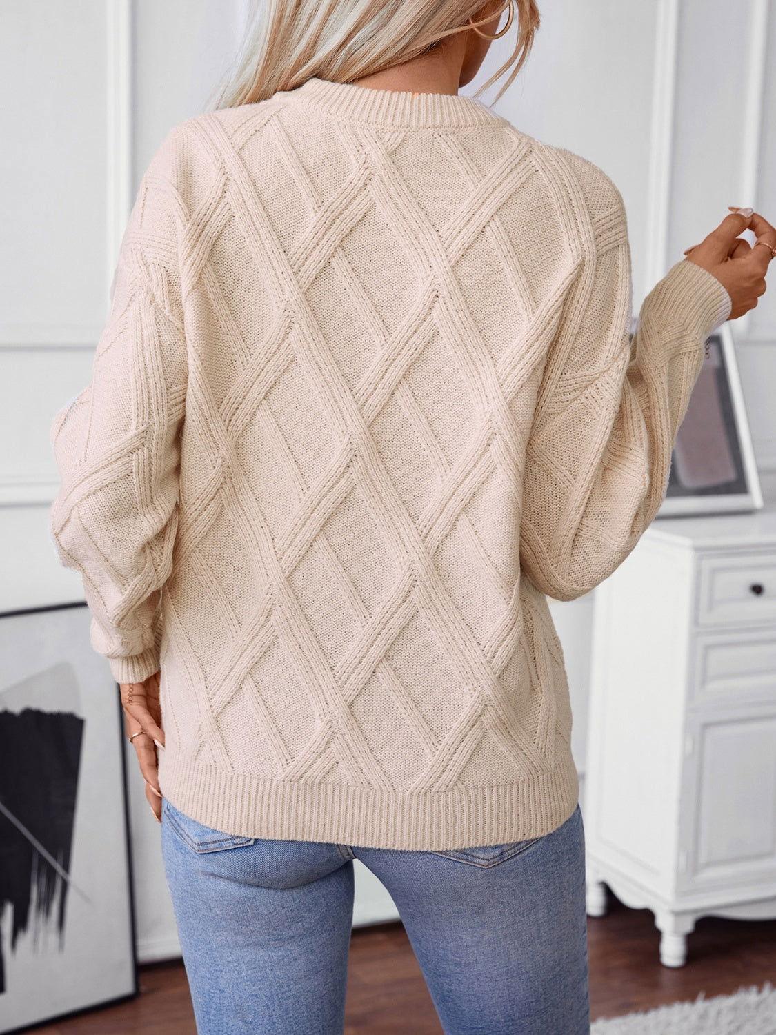 Geometric Round Neck Long Sleeve Sweater - Clothes For Her Online Store