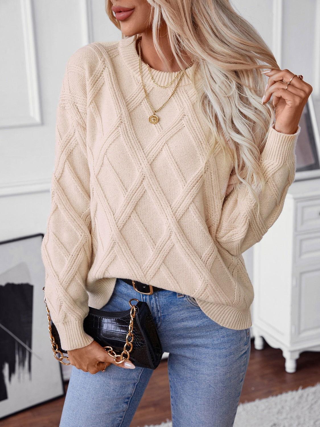 Geometric Round Neck Long Sleeve Sweater - Clothes For Her Online Store