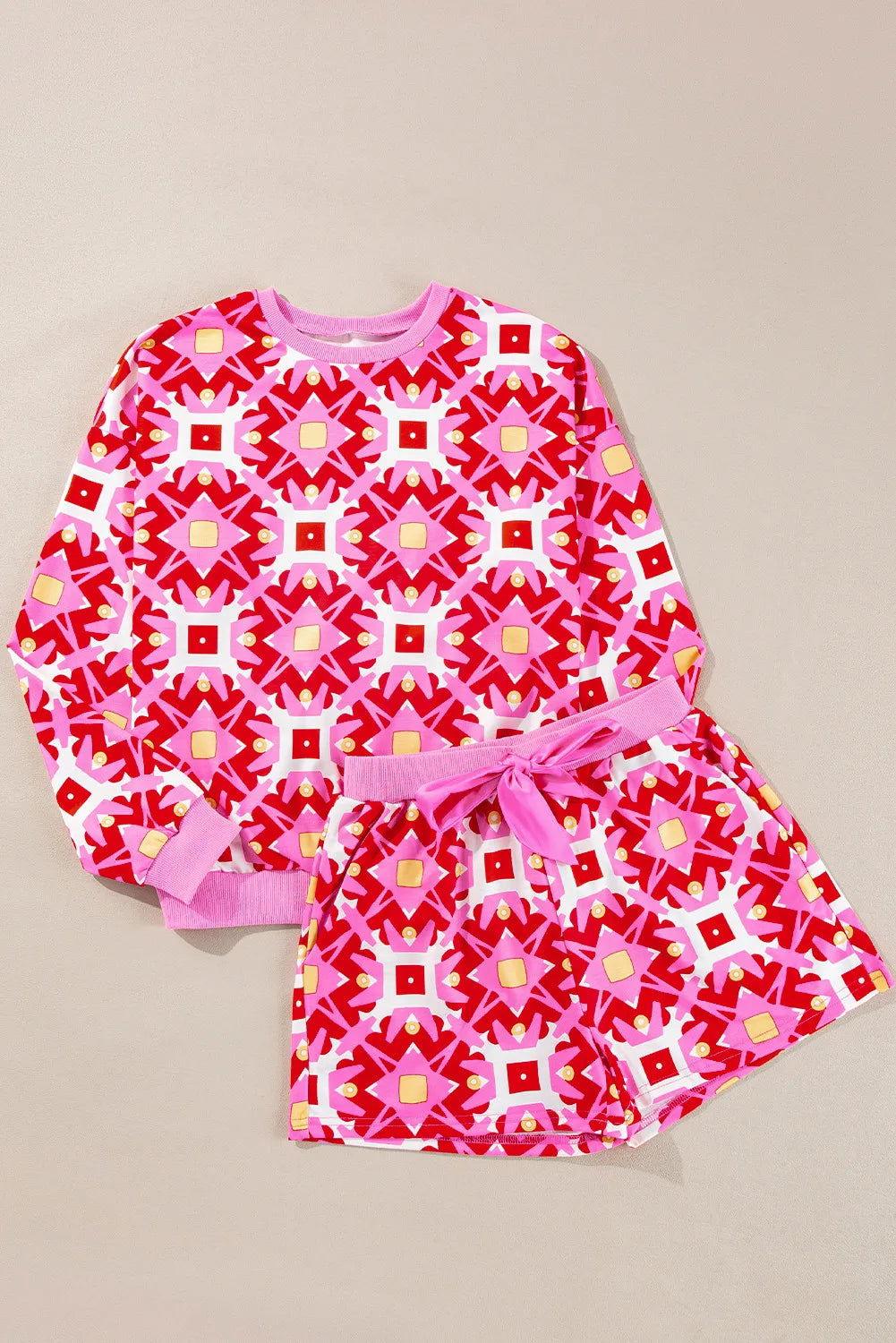 Geometric Round Neck Top and Shorts Set - Clothes For Her Online Store