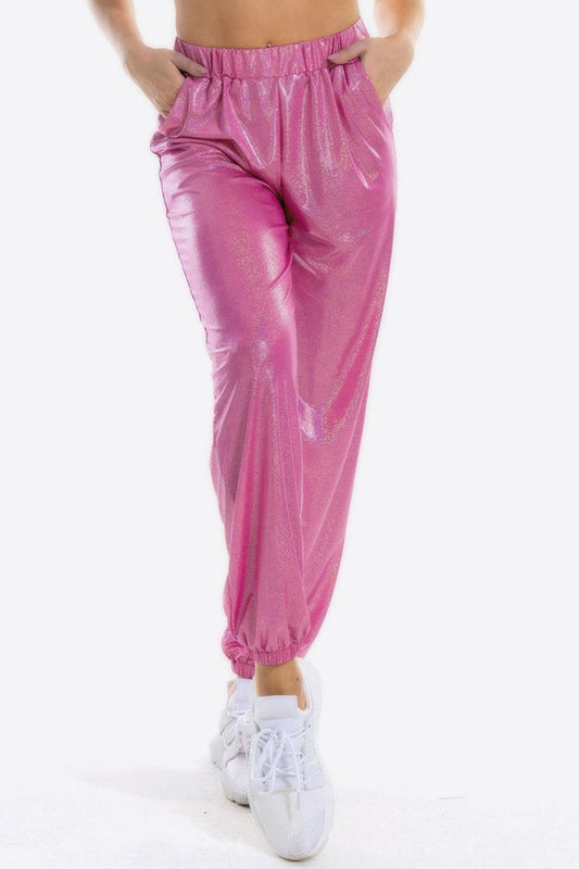 Glitter Elastic Waist Pants with Pockets - Clothes For Her Online Store