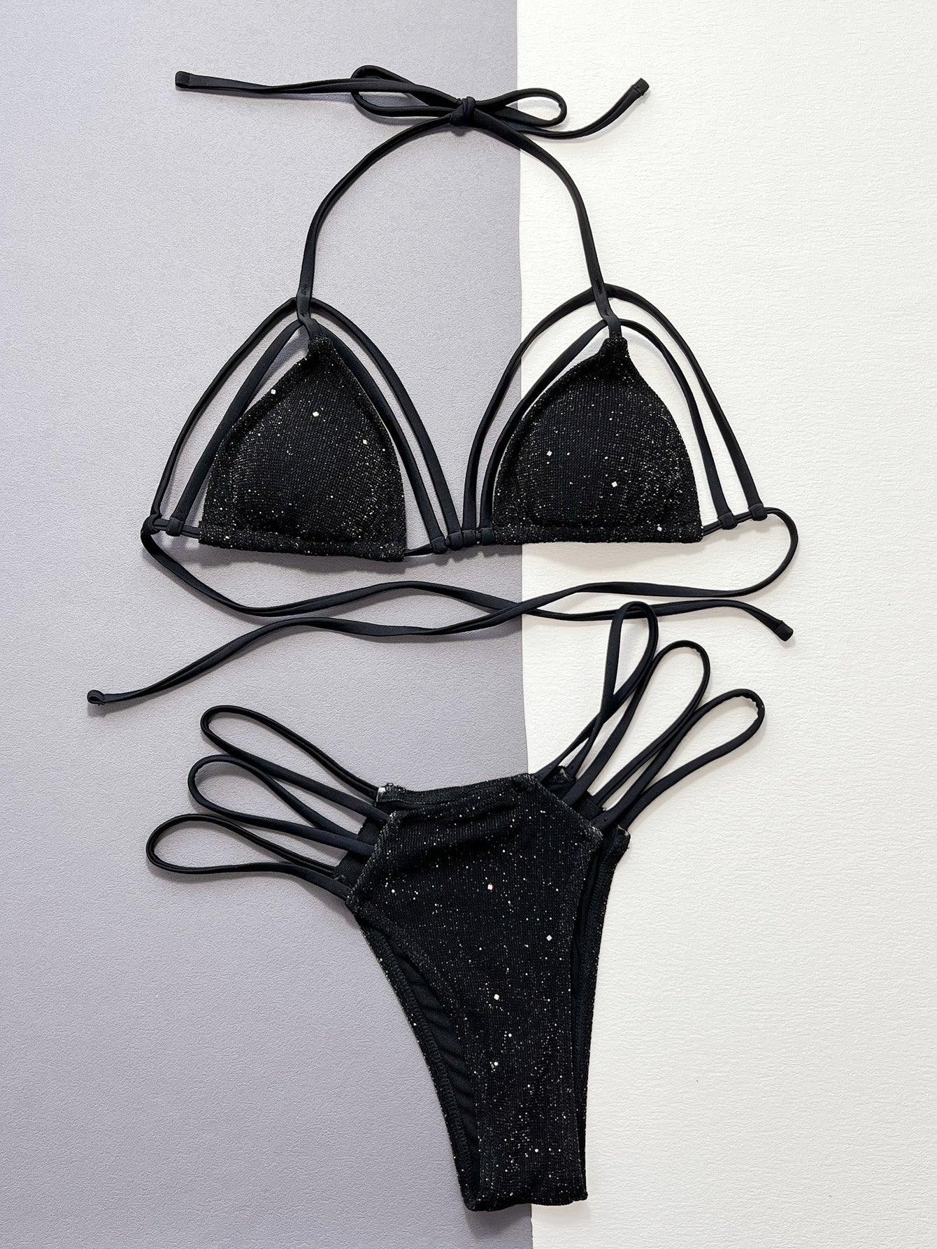 Glitter Halter Neck Strappy Two-Piece Bikini Set - Clothes For Her Online Store