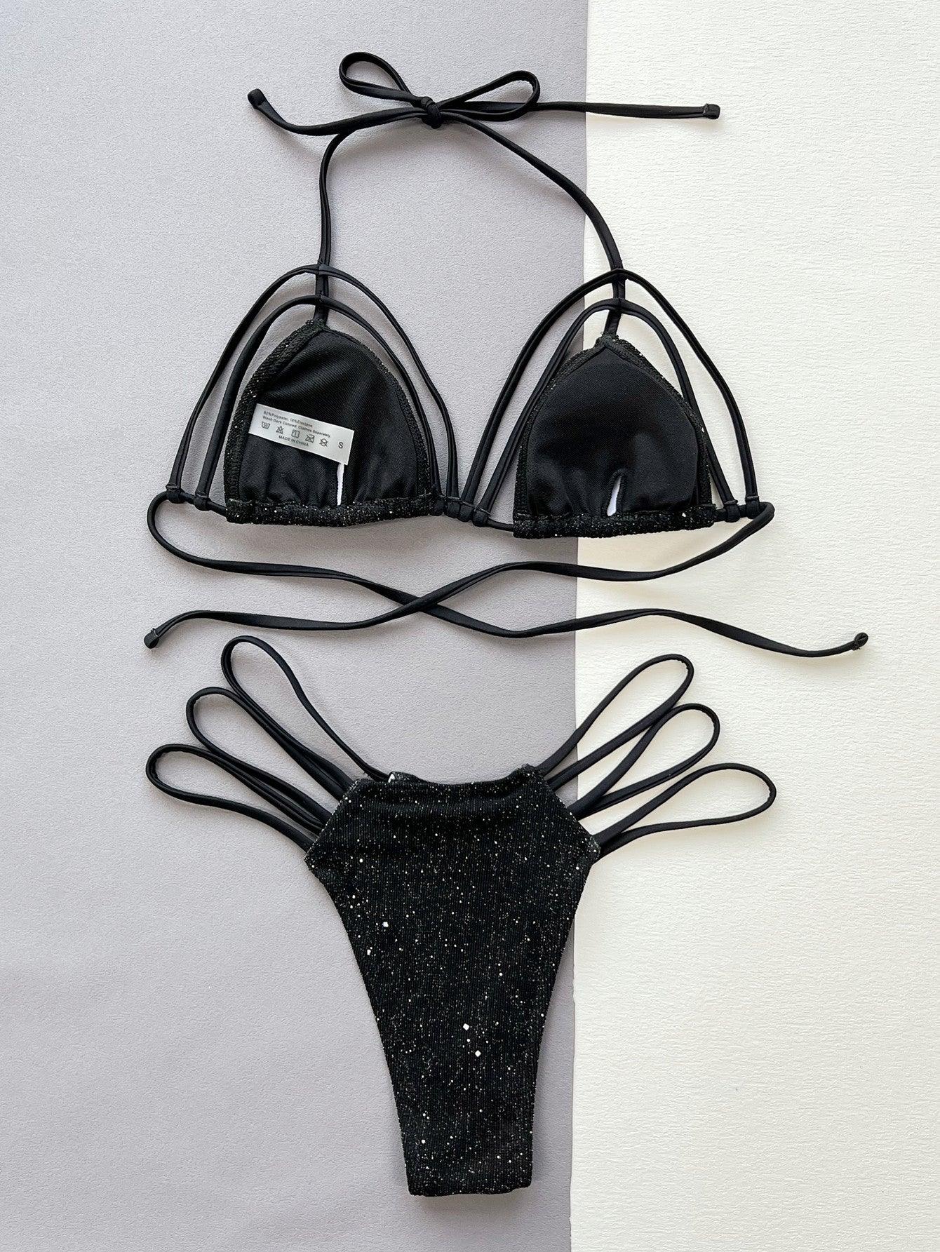 Glitter Halter Neck Strappy Two-Piece Bikini Set - Clothes For Her Online Store