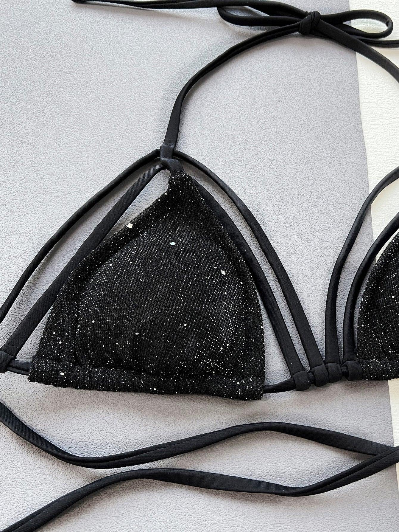 Glitter Halter Neck Strappy Two-Piece Bikini Set - Clothes For Her Online Store