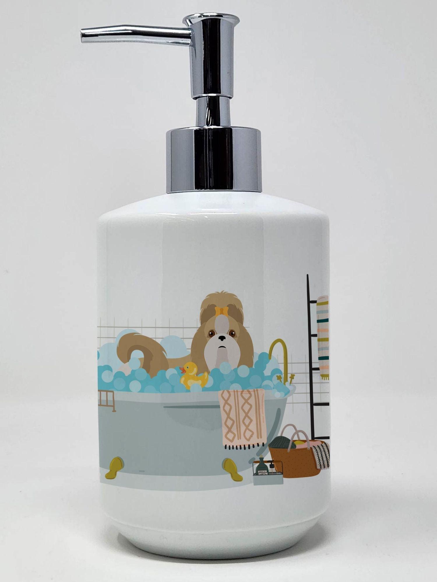Gold and White Shih Tzu Ceramic Soap Dispenser Hand Soap Dispenser Pump Bottles for Bathroom Kitchen, Empty Refillable Liquid Soap Container - Clothes For Her Online Store