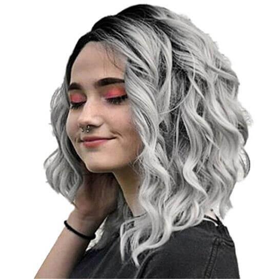 Gradient Gray Side Parting Curly Wig Women Shoulder Length Cosplay Hairpiece - Clothes For Her Online Store