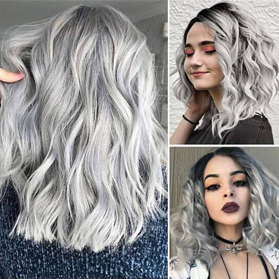 Gradient Gray Side Parting Curly Wig Women Shoulder Length Cosplay Hairpiece - Clothes For Her Online Store