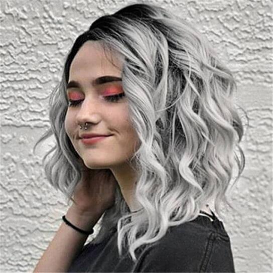 Gradient Gray Side Parting Curly Wig Women Shoulder Length Cosplay Hairpiece - Clothes For Her Online Store
