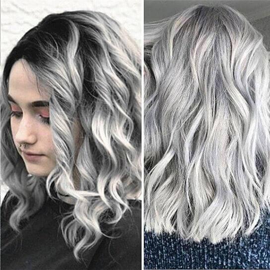 Gradient Gray Side Parting Curly Wig Women Shoulder Length Cosplay Hairpiece - Clothes For Her Online Store