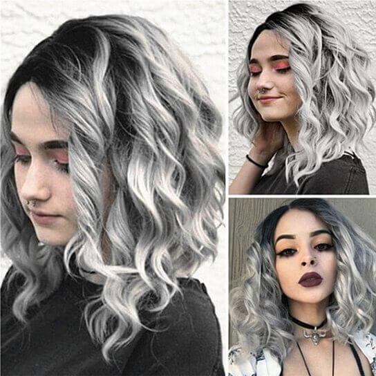Gradient Gray Side Parting Curly Wig Women Shoulder Length Cosplay Hairpiece - Clothes For Her Online Store
