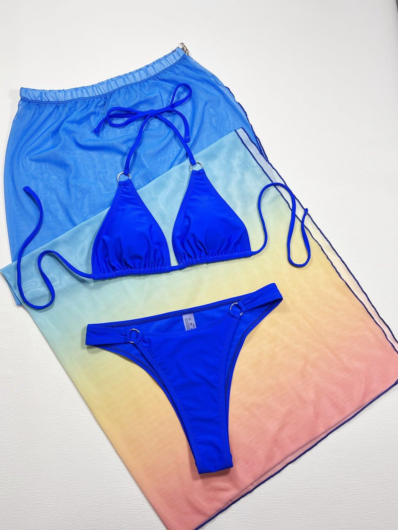 Gradient Halter Neck Three-Piece Swim Set - Clothes For Her Online Store