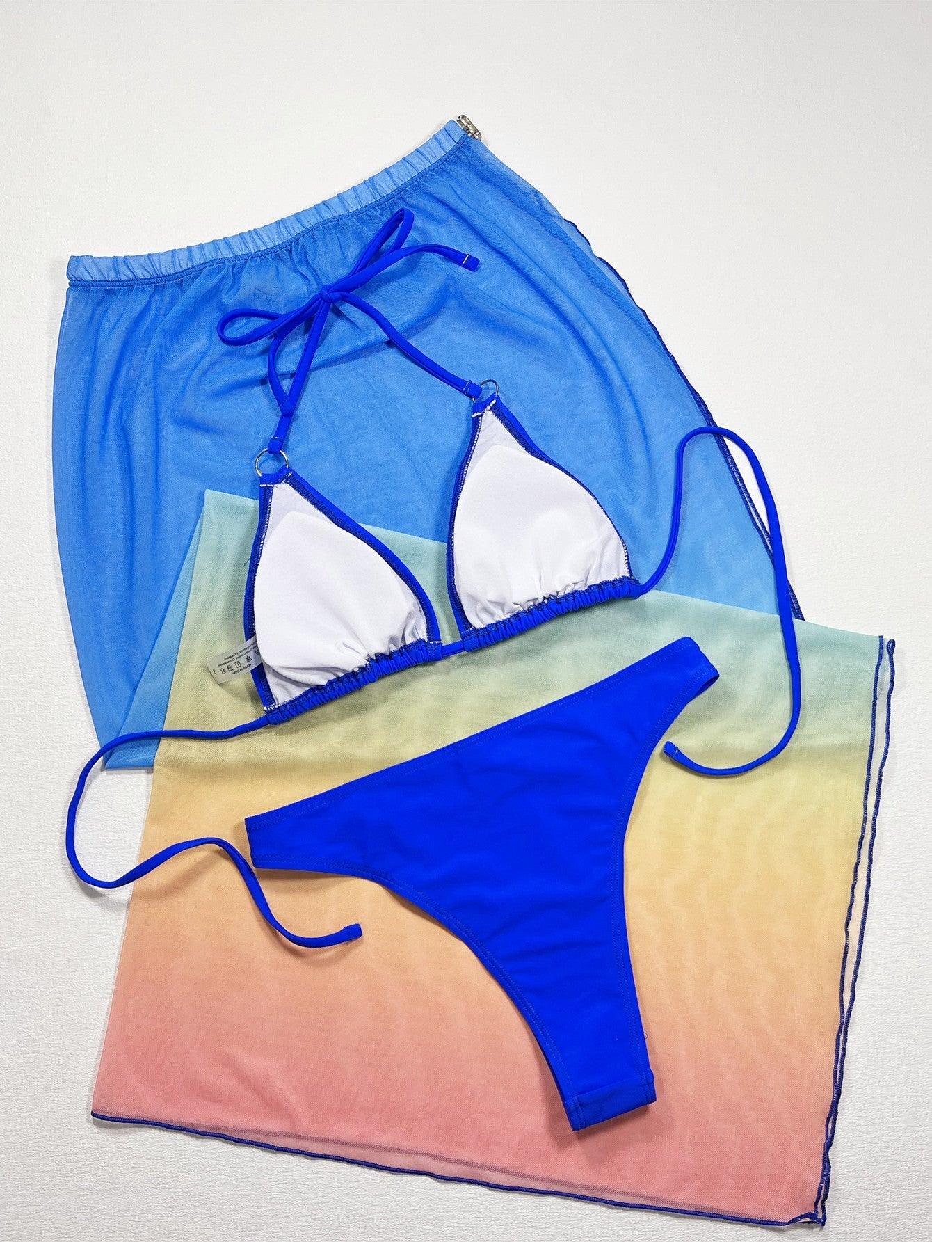 Gradient Halter Neck Three-Piece Swim Set - Clothes For Her Online Store