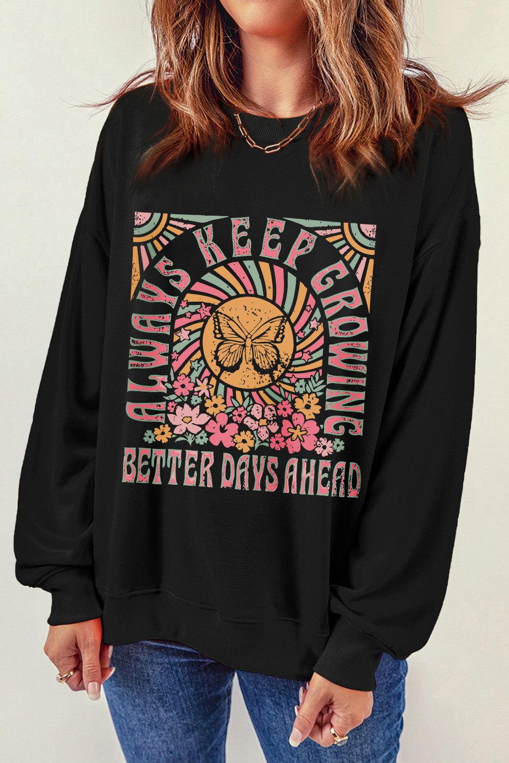 Graphic Round Neck Long Sleeve Sweatshirt - Clothes For Her Online Store