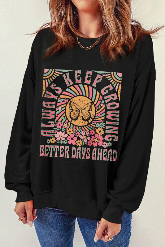 Graphic Round Neck Long Sleeve Sweatshirt - Clothes For Her Online Store