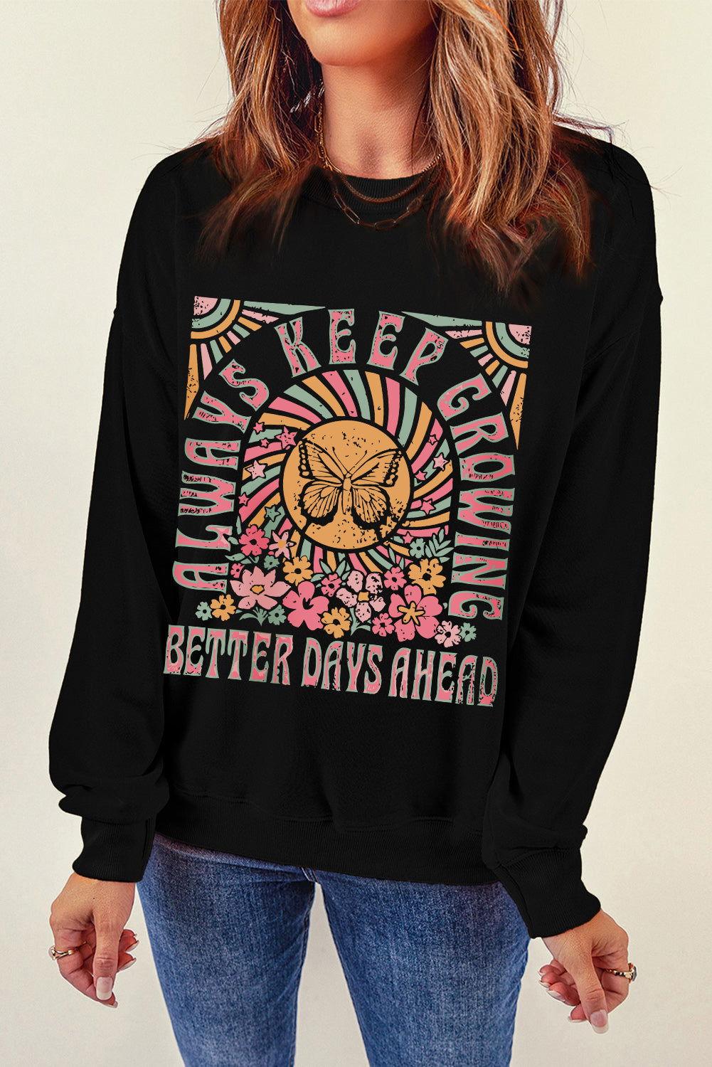 Graphic Round Neck Long Sleeve Sweatshirt - Clothes For Her Online Store