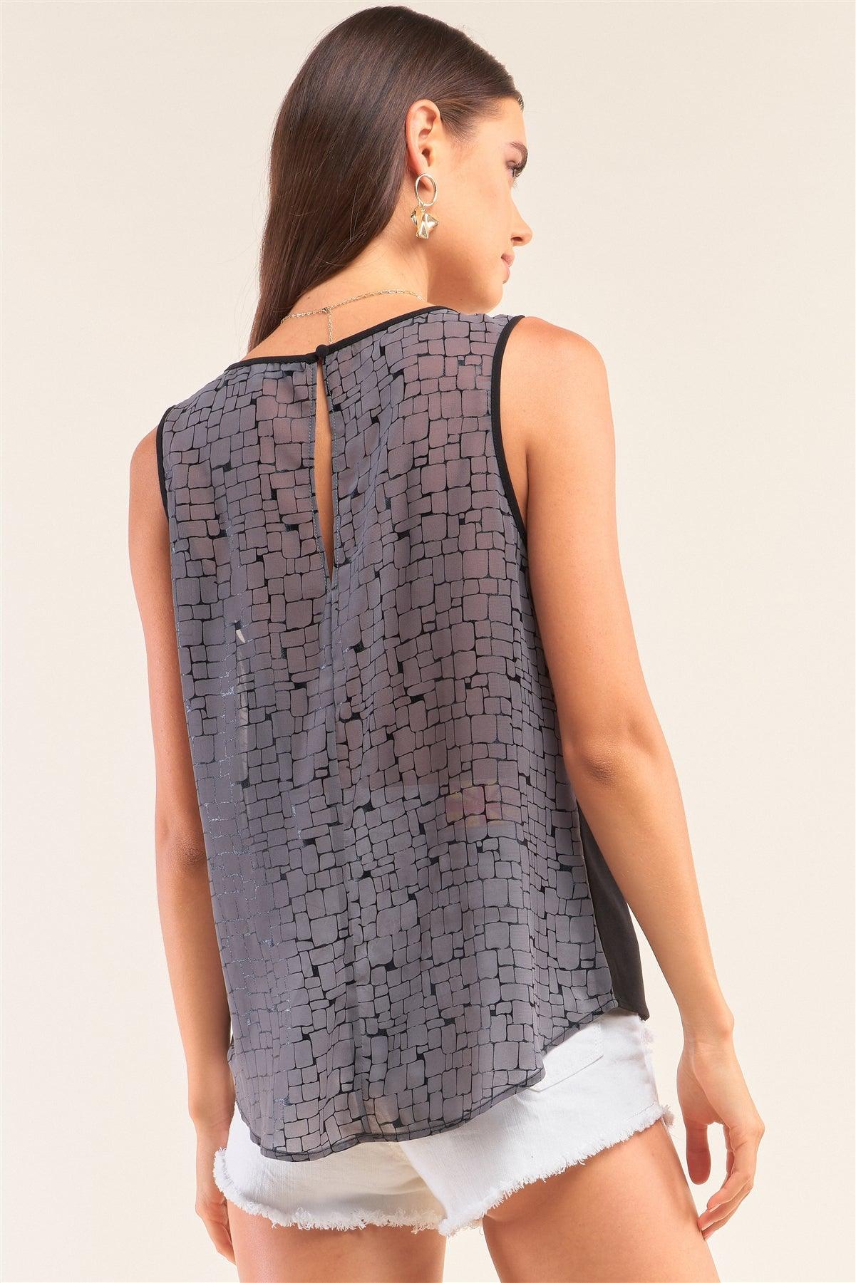 Grey And Black Sleeveless Relaxed Fit Brick Pattern Print Mesh Round Neck Top - Clothes For Her Online Store