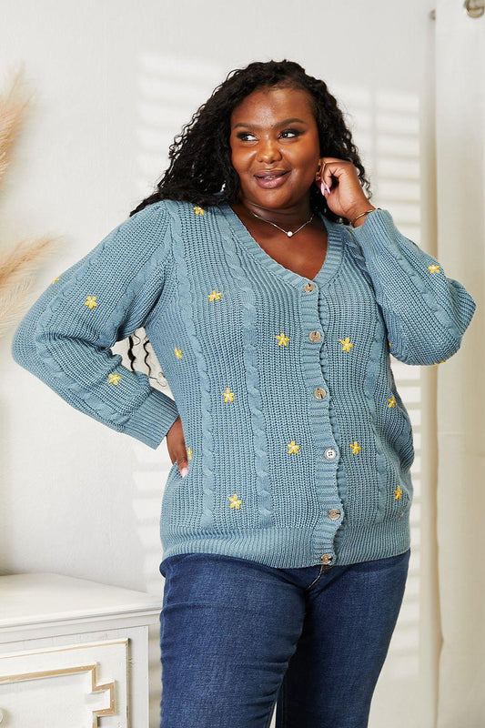 HEYSON Full Size Floral Embroidered Cable Cardigan - Clothes For Her Online Store