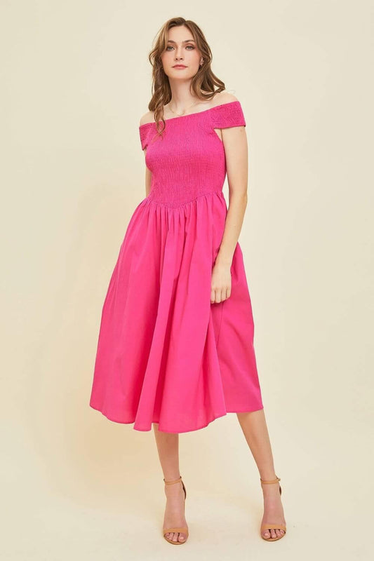 HEYSON Off-Shoulder Smocked Midi Dress - Clothes For Her Online Store