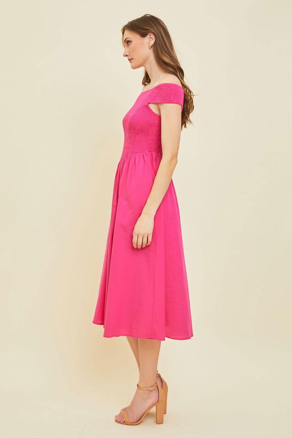 HEYSON Off-Shoulder Smocked Midi Dress - Clothes For Her Online Store
