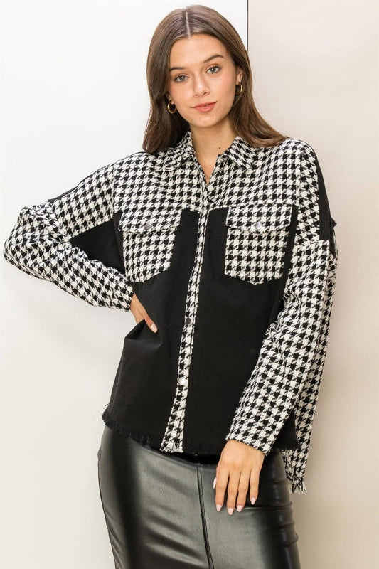 HYFVE Houndstooth Contrast Raw Hem Jacket - Clothes For Her Online Store