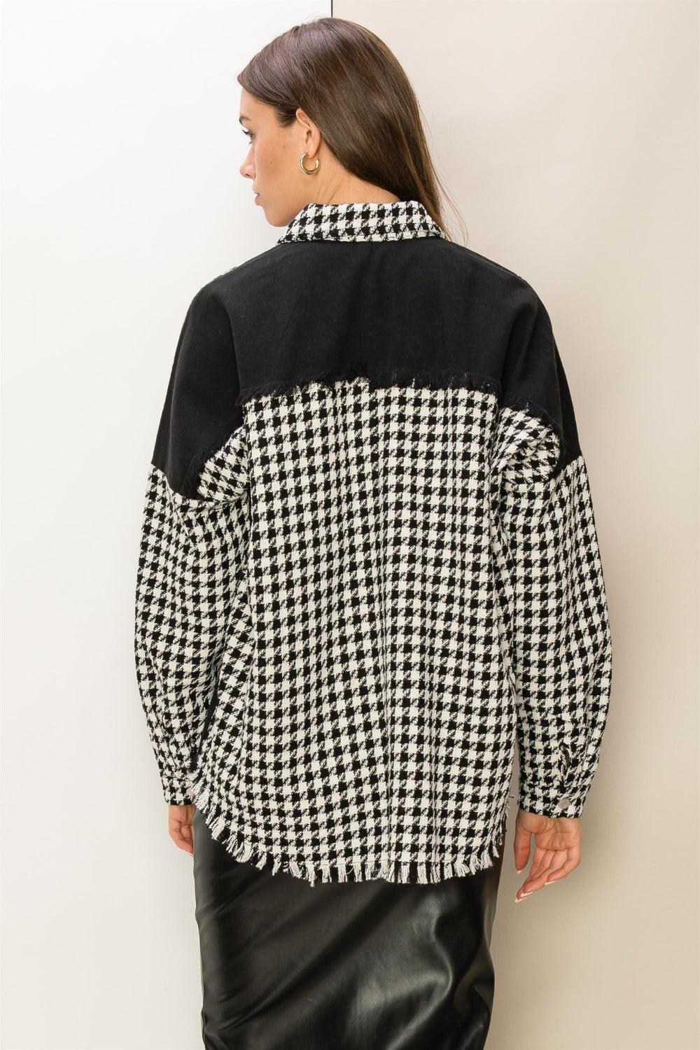 HYFVE Houndstooth Contrast Raw Hem Jacket - Clothes For Her Online Store