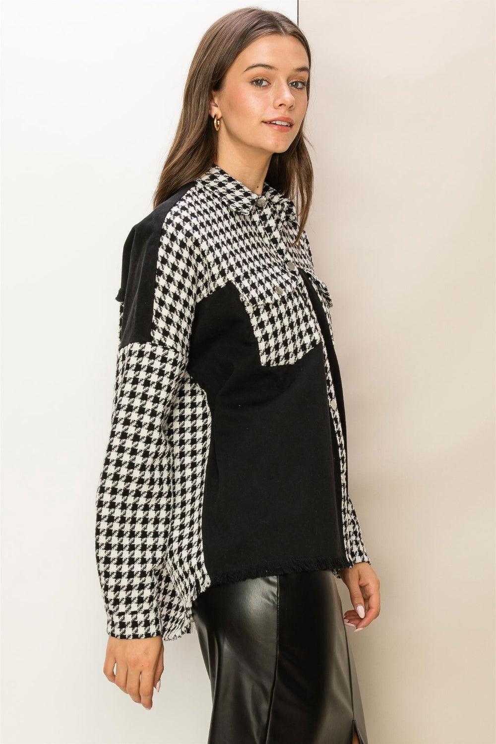 HYFVE Houndstooth Contrast Raw Hem Jacket - Clothes For Her Online Store
