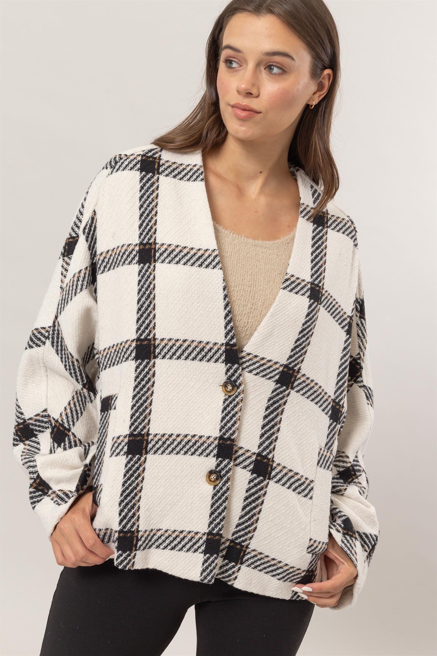 HYFVE Plaid Long Sleeve Jacket with Side Slit Pockets - Clothes For Her Online Store