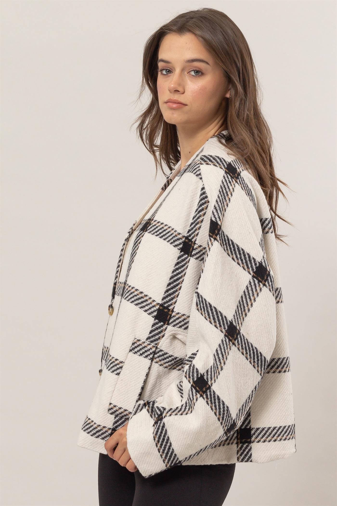 HYFVE Plaid Long Sleeve Jacket with Side Slit Pockets - Clothes For Her Online Store