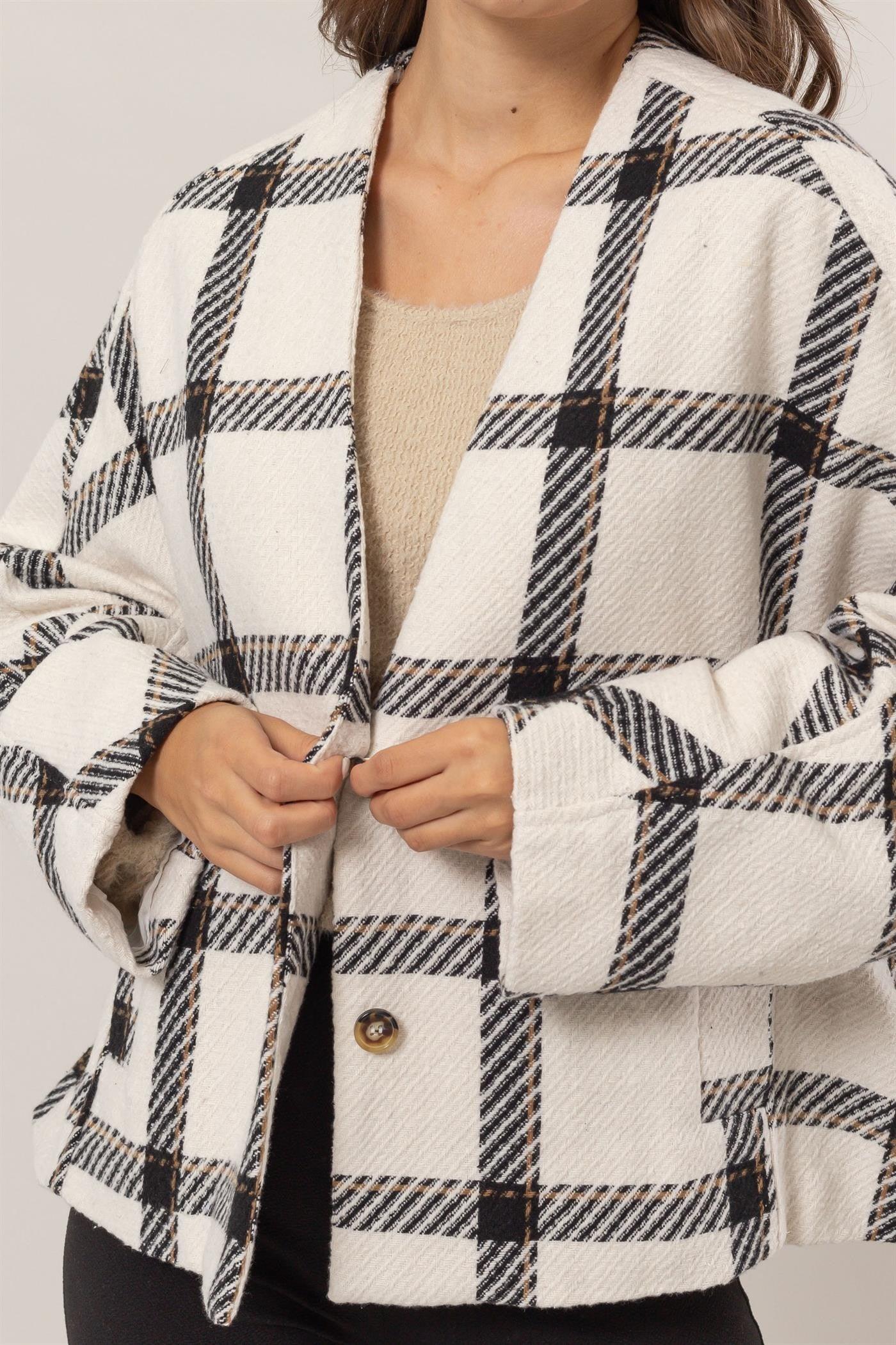 HYFVE Plaid Long Sleeve Jacket with Side Slit Pockets - Clothes For Her Online Store
