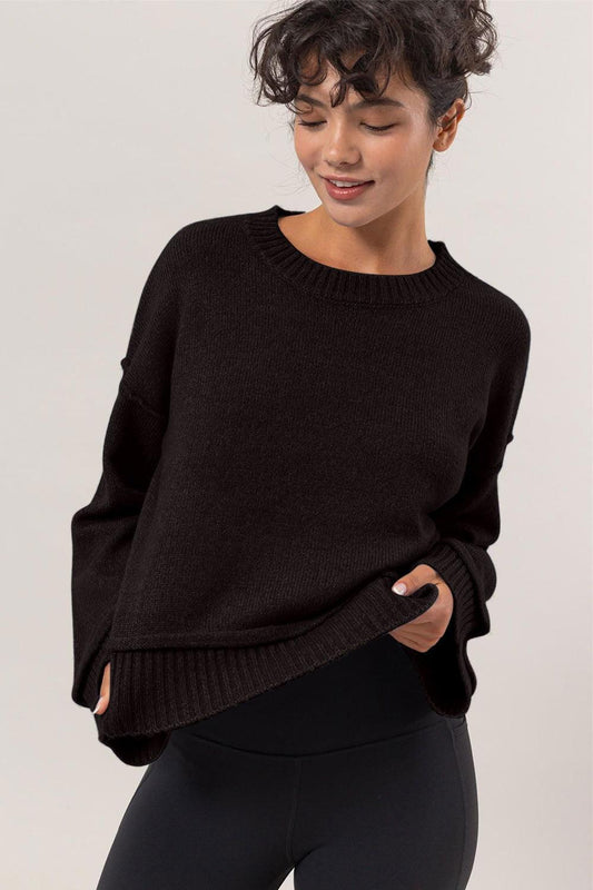 HYFVE Round Neck Dropped Shoulder Ribbed Sweater - Clothes For Her Online Store