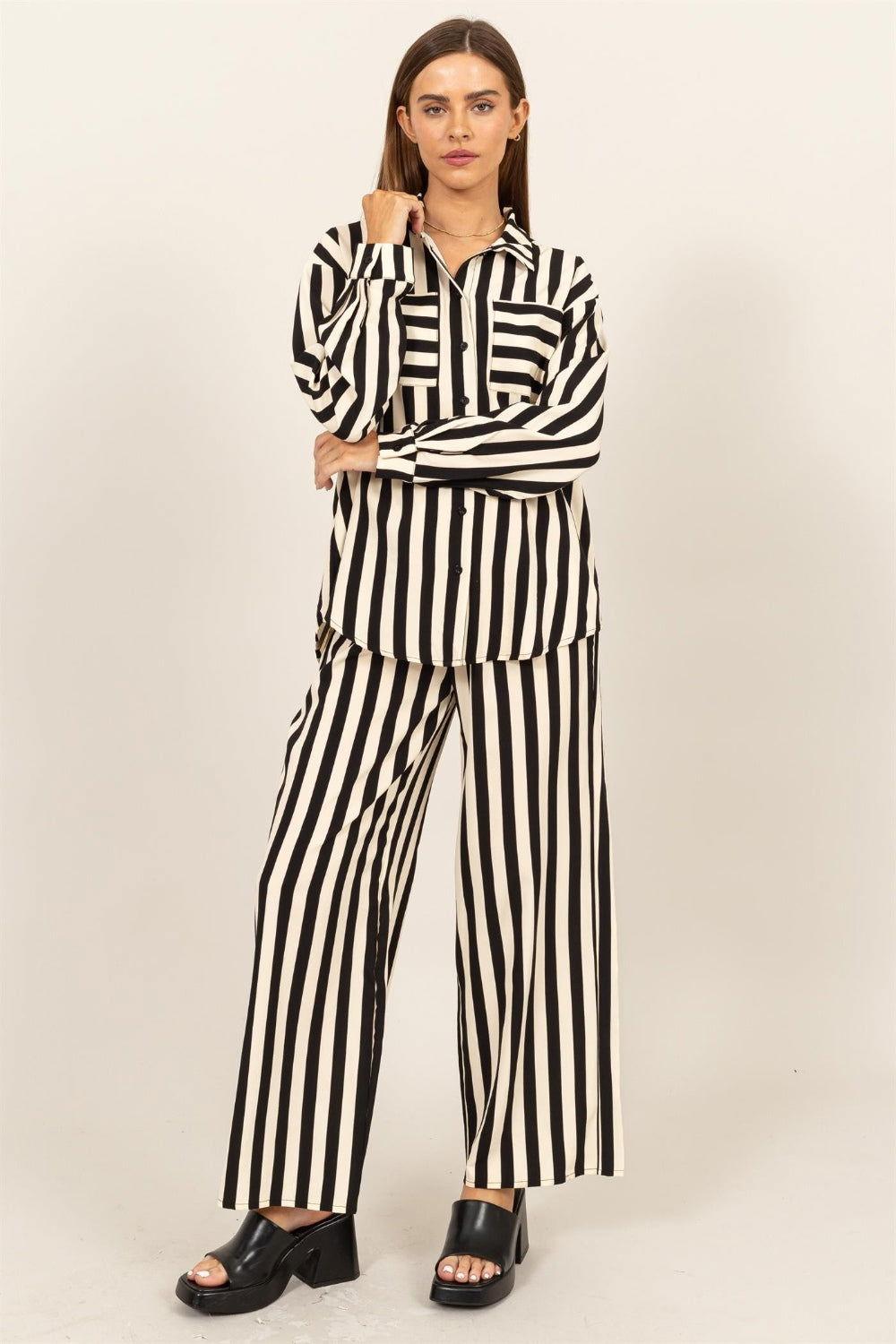 HYFVE Striped Button Up Shirt and Pants Set - Clothes For Her Online Store